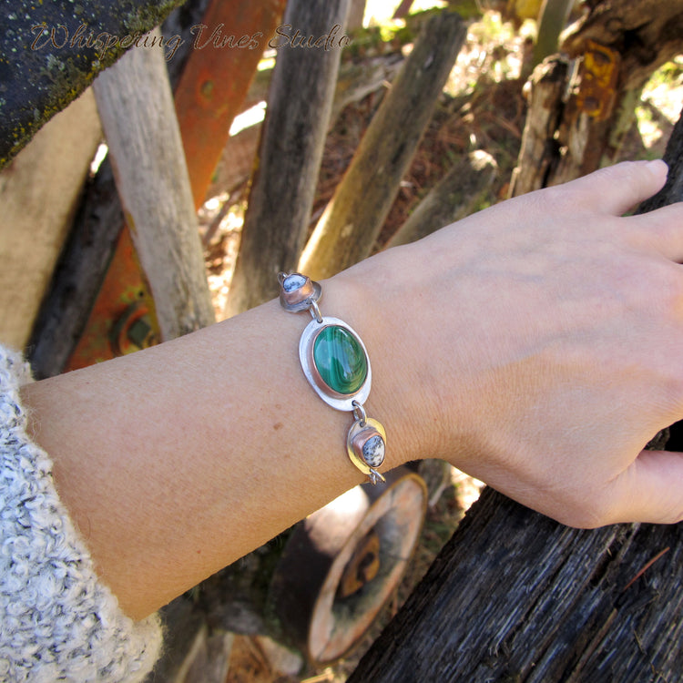 Handcrafted Malachite & Dendritic Opal Adjustable Sterling Silver Bracelet with Copper Bezel Setting