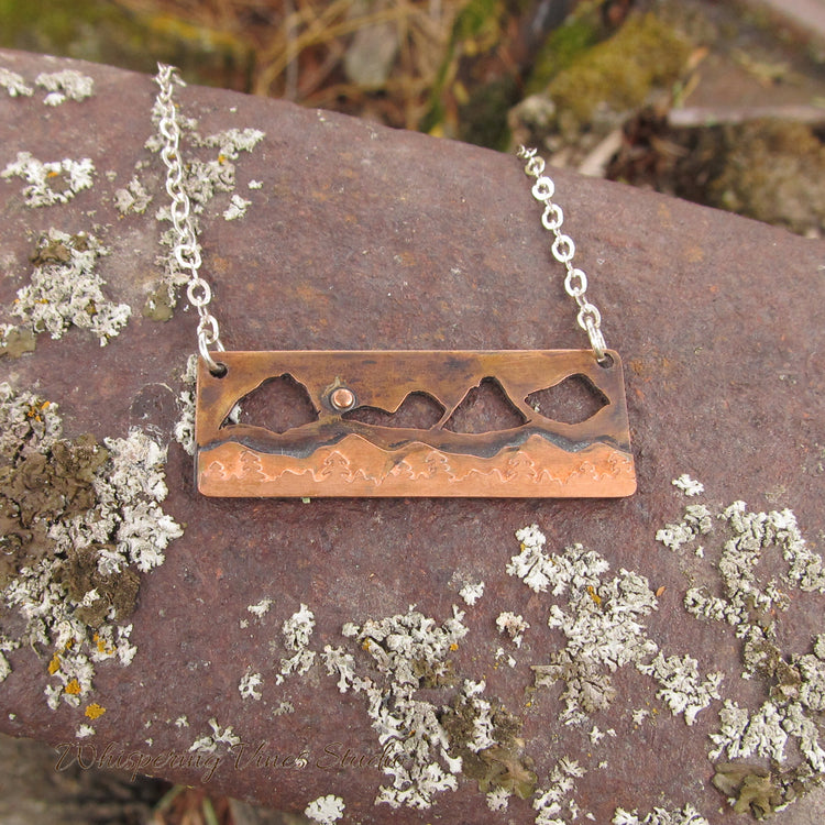Enchanting Copper Mountain Cutout Bar Necklace with Sterling Silver Chain, One of a Kind