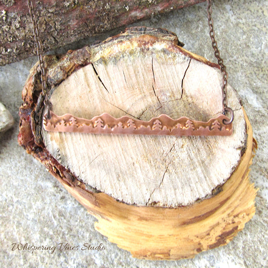 Mountain Bar Necklace Featuring Mountain and Tree Detailing, 2 1/4" Long