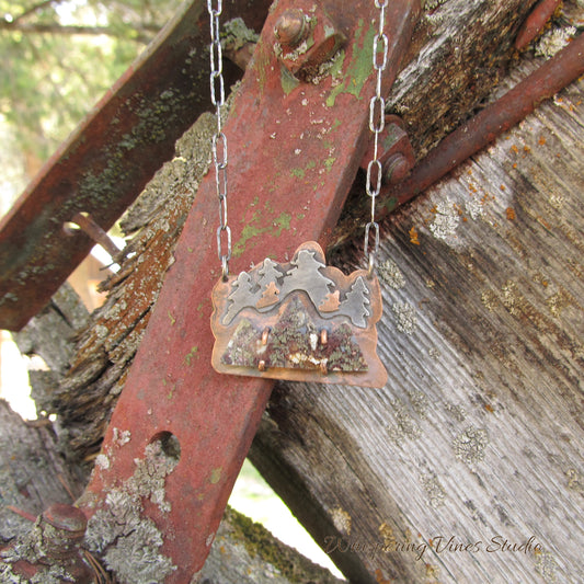 Mountains and Trees Hand-cut Necklace with Copper Mountains, Sterling Silver Trees, and Agate Gemstone