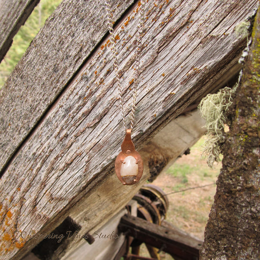 Quartz in Handcrafted Copper Setting Necklace - Dainty Pendant on Sterling Silver Chain