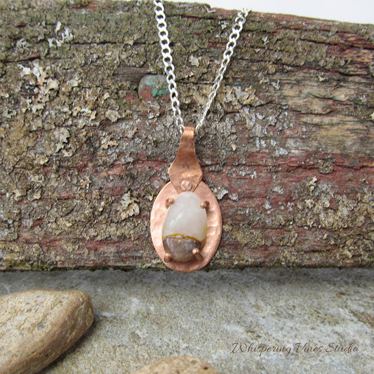 Quartz in Handcrafted Copper Setting Necklace - Dainty Pendant on Sterling Silver Chain