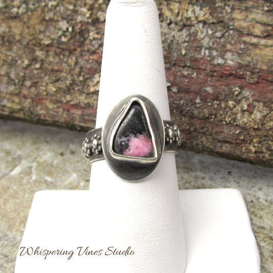 Handcrafted Rhodonite Sterling Silver Ring with Flower Accents, Size 8
