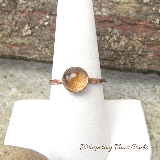 Artisan Rutilated Copper in Quartz Ring with Hammered Thin Band – Size 8.5