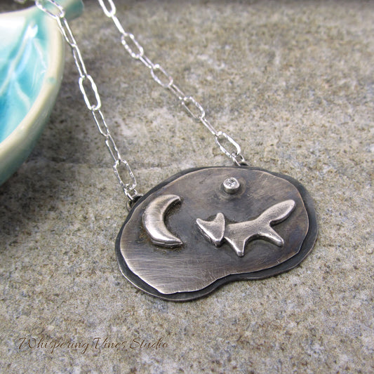 Fox and Moon Sterling Silver Necklace - Handmade Nature Inspired Jewelry