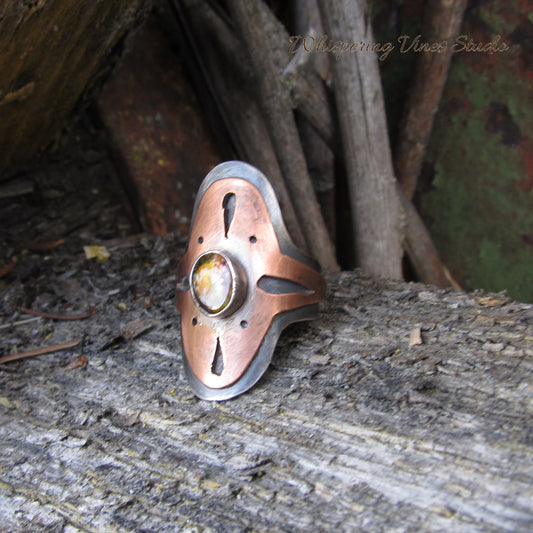 Handmade Tourmaline Saddle Ring with Copper Cutout Accents in Sterling Silver, Size 6.5