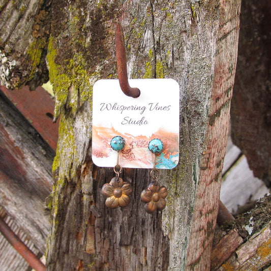 Handcrafted Turquoise Gemstone Clip-On Earrings with Copper Flower Dangle
